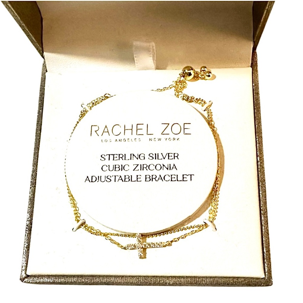 Rachel Zoe Adjustable Bracelet Cubic Zirconia Cross & Gold on Sterling Silver - Picture 3 of 5